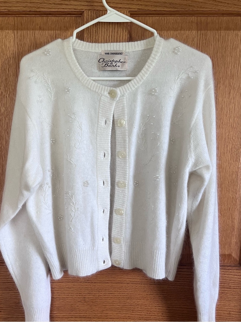 Christopher & Banks White rabbit hair & lambs wooEmbellished Button-Front Sweate